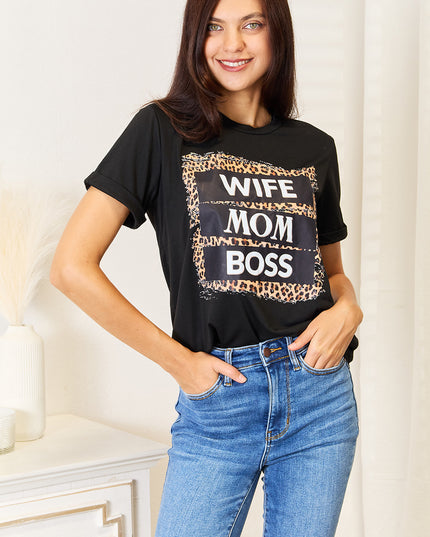 Simply Love WIFE MOM BOSS Leopard Graphic T-Shirt Black