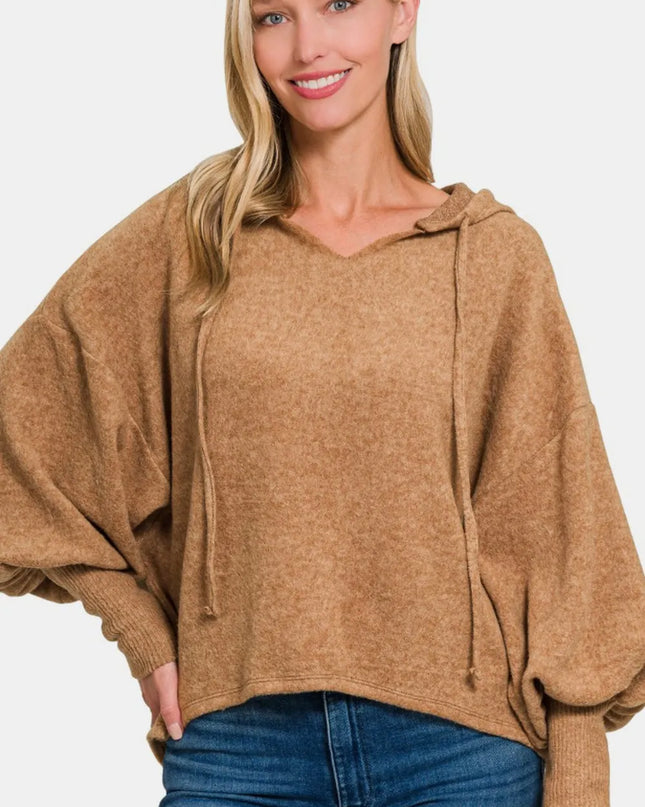 Zenana Brushed Hacci Drop Shoulder Cropped Hoodie Deep Camel