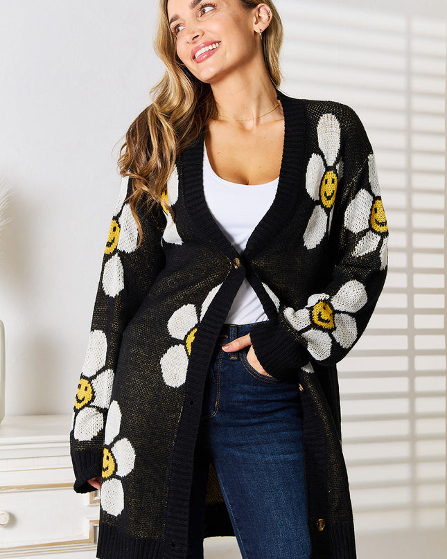 Perfee Floral Button Down Longline Cardigan