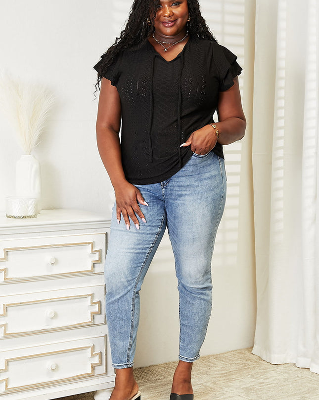 Mandy Eyelet Tie-Neck Flutter Sleeve Blouse