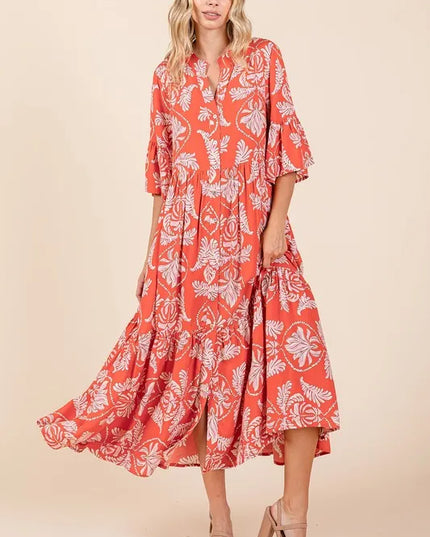 Mittoshop Abstract Leaf Print Tiered Ruffle Dress Orange-Red