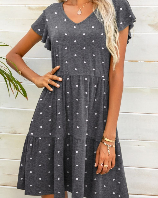 Polka Dot V-Neck Flutter Sleeve Mini Dress Dark Gray