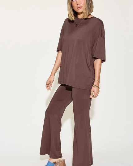 Basic Bae Full Size Bamboo Drop Shoulder T-Shirt and Flare Pants Set