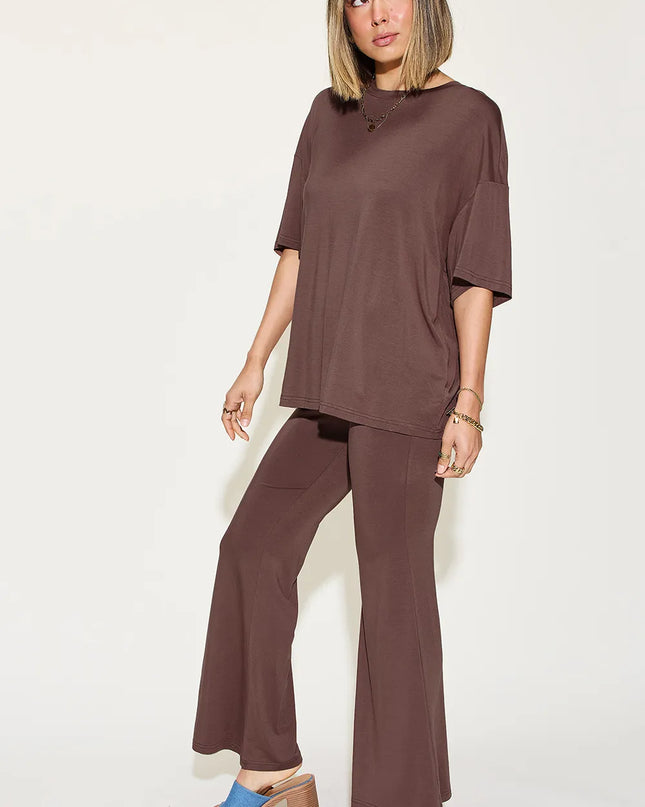Basic Bae Full Size Bamboo Drop Shoulder T-Shirt and Flare Pants Set