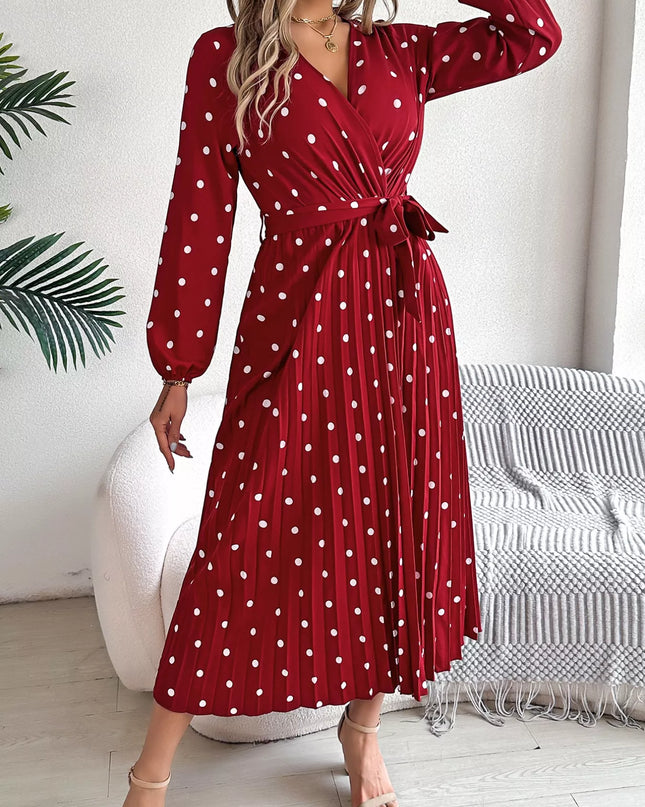 Front Tie Polka Dot Midi Pleated Dress