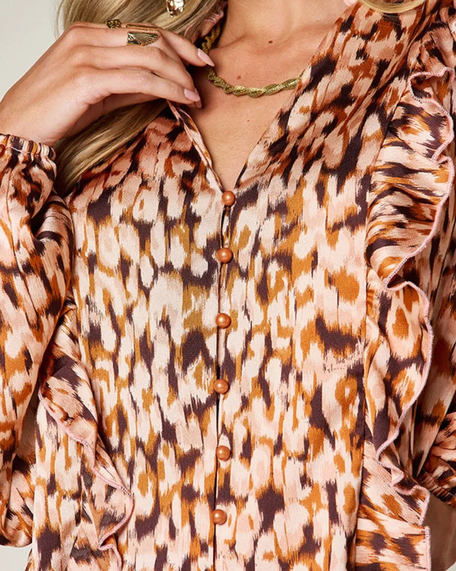 Double Take Full Size Printed Ruffle Trim Balloon Sleeve Shirt