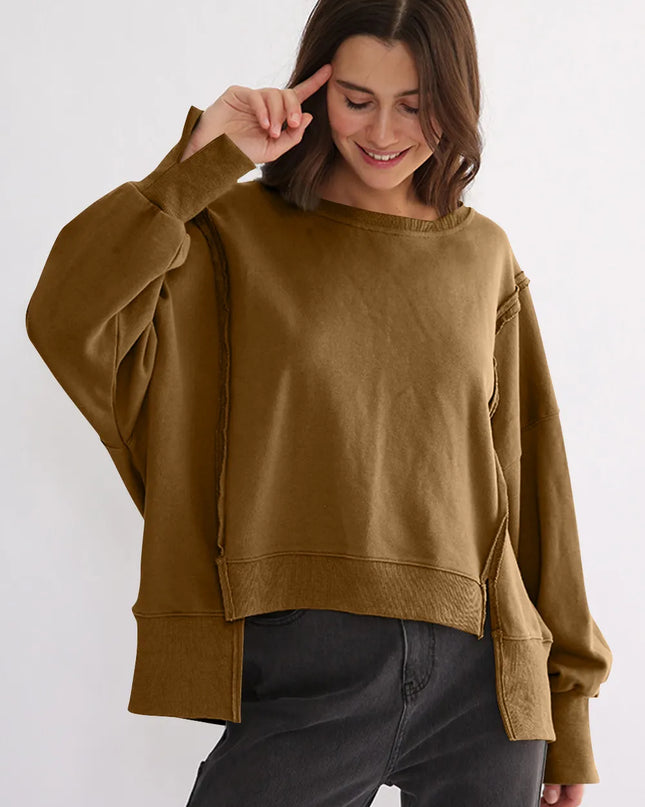 Exposed Seam High-Low Long Sleeve Sweatshirt Camel One Size