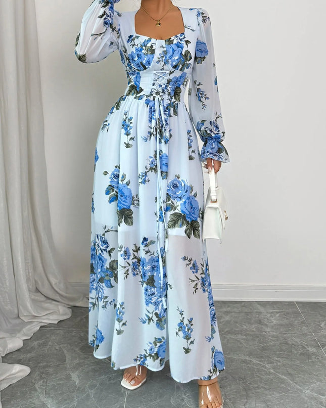 Floral Flounce Sleeve Maxi Dress Light Blue