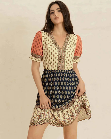 Printed V-Neck Short Sleeve Dress