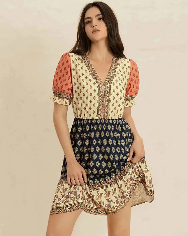 Printed V-Neck Short Sleeve Dress