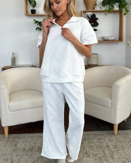 Double Take Full Size Texture Half Zip Short Sleeve Top and Pants Set