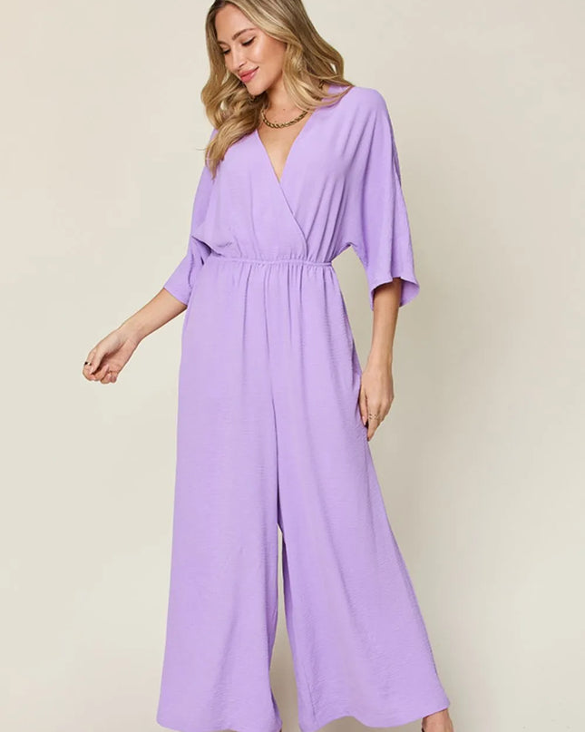 Double Take Full Size Surplice Wide Leg Jumpsuit with Pockets Lavender