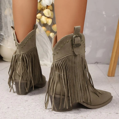 Fringe Point Toe Block Heels Boots