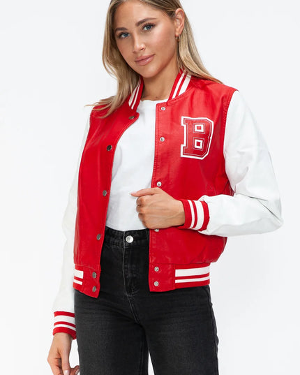 Love Me Now PU Leather Contrast Snap Down Bomber Jacket