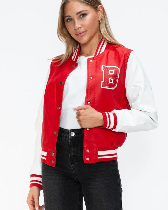 Love Me Now PU Leather Contrast Snap Down Bomber Jacket