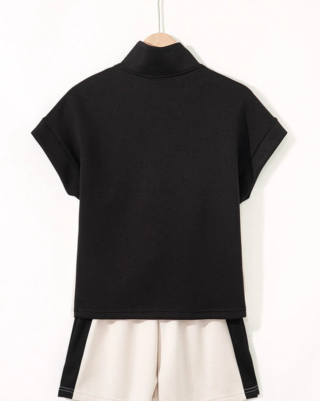 Color Block Half Zip Top and Shorts Two-Piece Set 
