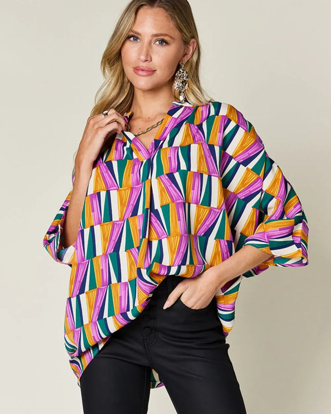 Double Take Full Size Geometric Notched Dolman Sleeve Top