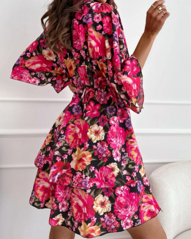 Floral Print V-Neck Ruffle Mini Dress