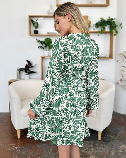 Double Take Full Size Printed Ruched Balloon Sleeve Dress