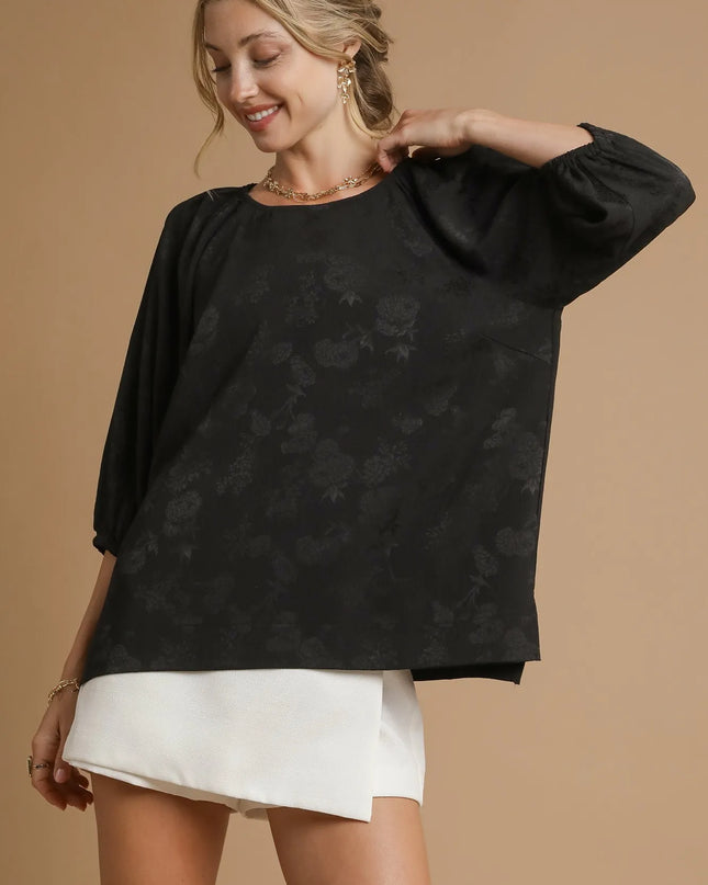 Umgee Satin Jacquard Balloon Sleeve Blouse Black