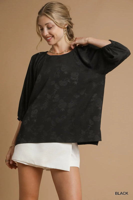 Umgee Satin Jacquard Balloon Sleeve Blouse Black