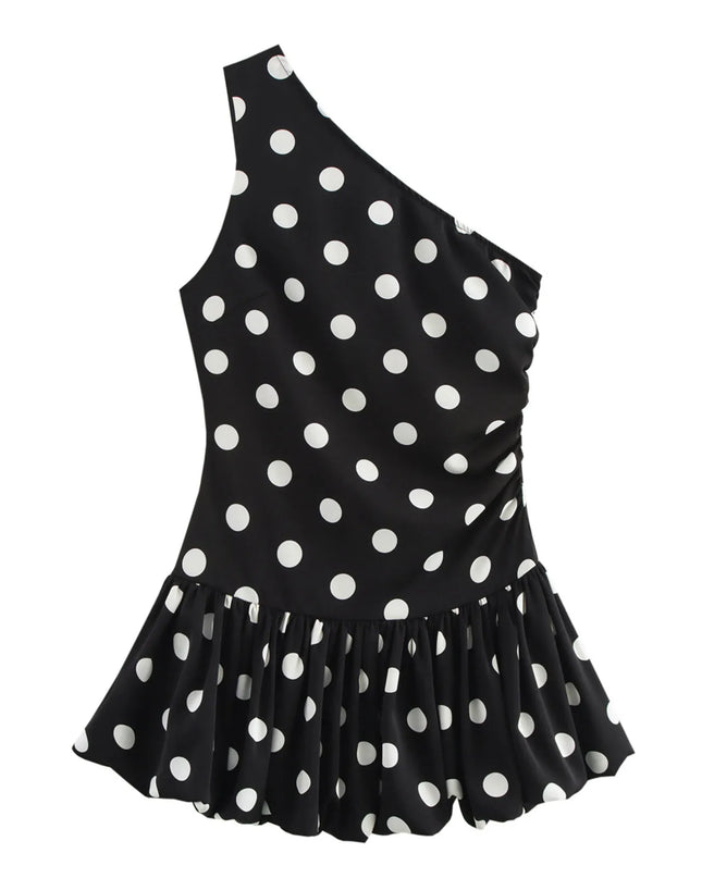 One-Shoulder Polka Dot Mini Dress