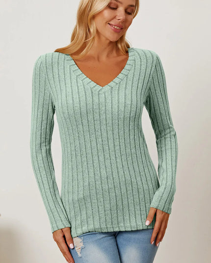 Basic Bae Full Size Ribbed V-Neck Long Sleeve T-Shirt