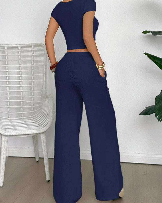 Cutout Short Sleeve Top and Pants Set