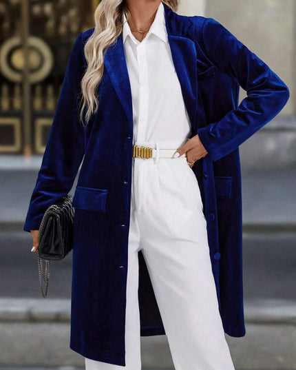 Lapel Collar Long Sleeve Longline Coat Dark Blue