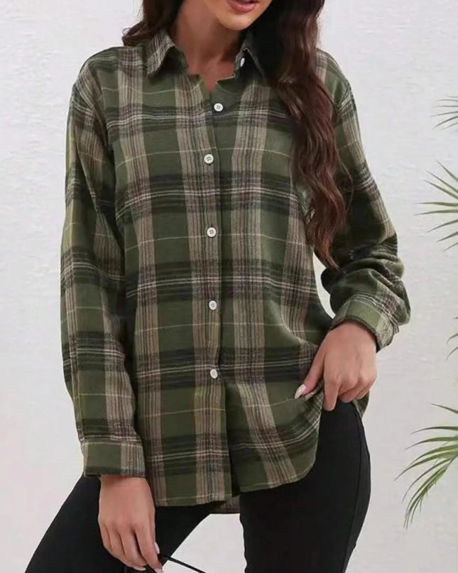Plaid Button-Down Long Sleeve Shirt Olive Green