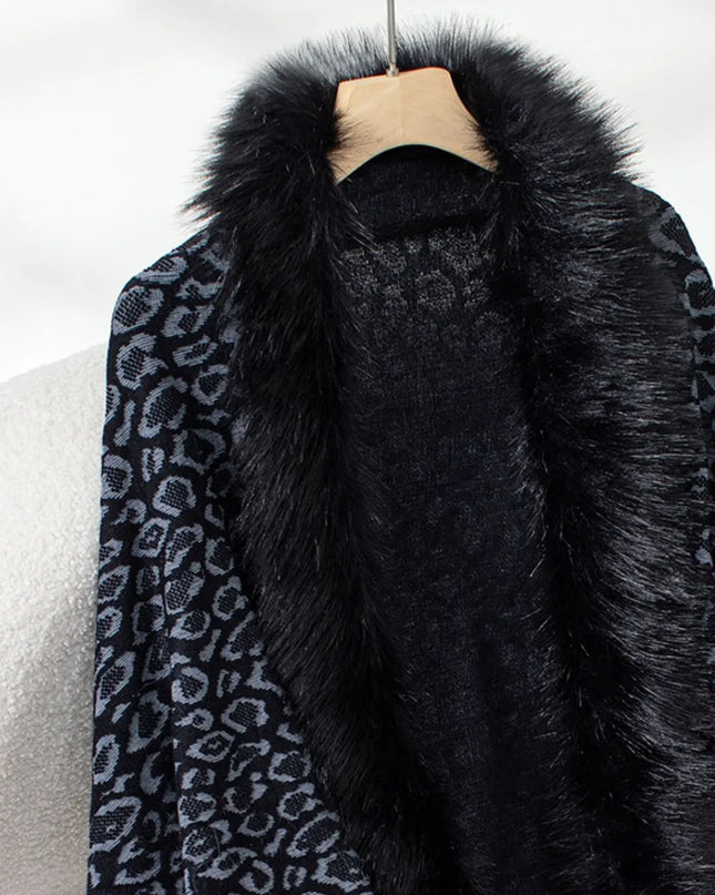Fringe Leopard Open Front Long Sleeve Poncho