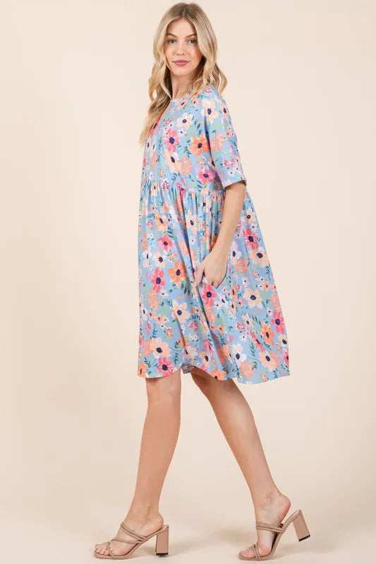 BOMBOM Floral Shirred Dress with Pockets