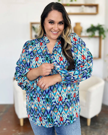 Double Take Full Size Printed Balloon Sleeve Blouse