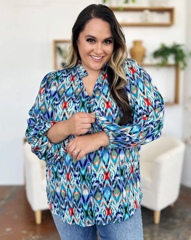 Double Take Full Size Printed Balloon Sleeve Blouse