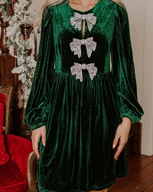 Velvet Bow Front Balloon Sleeve Dress Dark Green