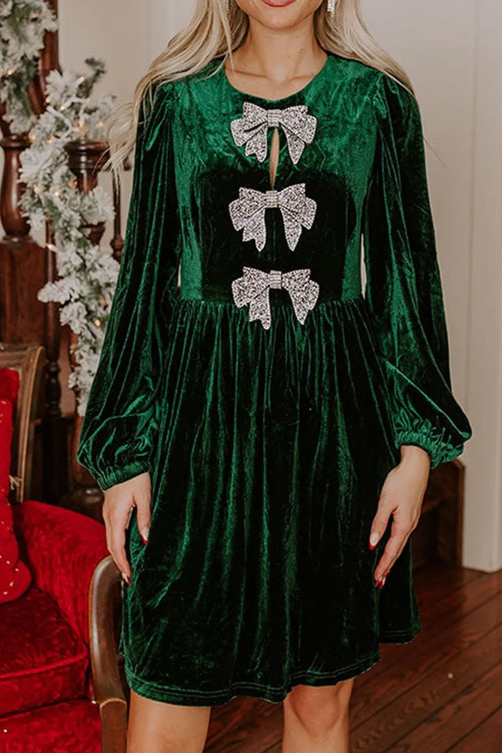 Velvet Bow Front Balloon Sleeve Dress Dark Green