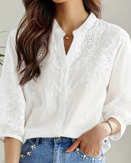 Embroidered Eyelet Button Up Shirt