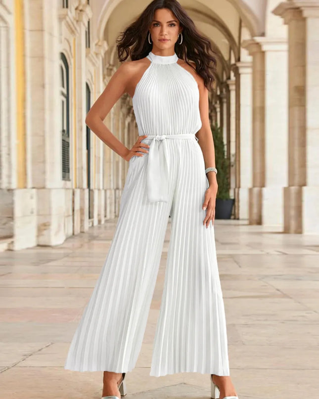 Cutout Tied Pleated Sleeveless Jumpsuit White