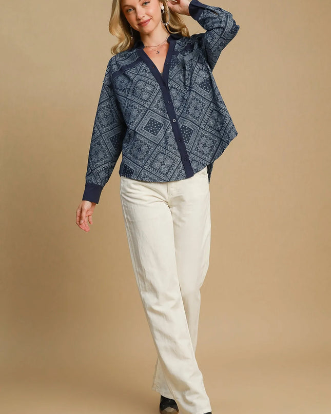 Umgee Paisley Print Denim Shirt Jacket