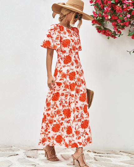 Floral Round Neck Tied Open Back Dress