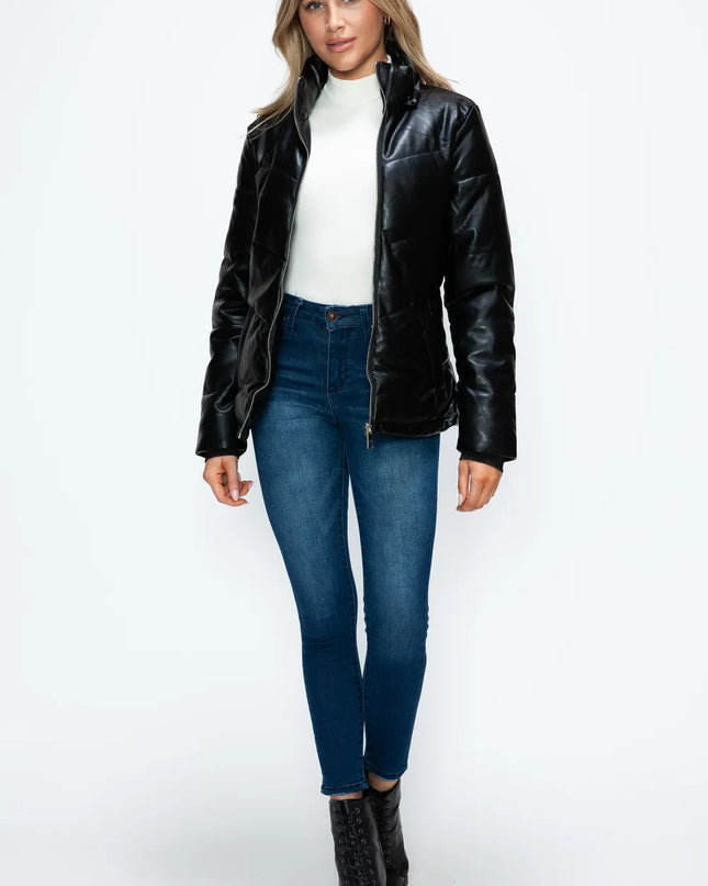 How Dare U Pocketed Zip Up Puffer Jacket with Removable Hood