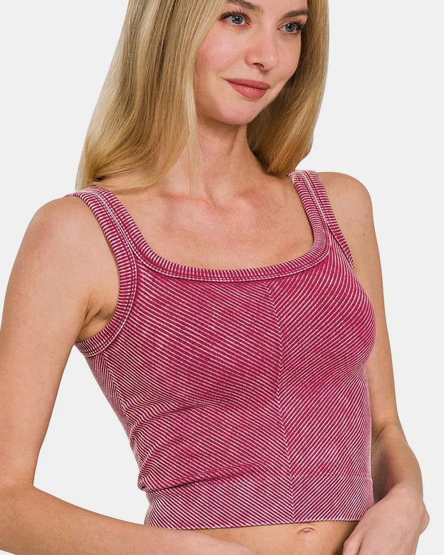 Zenana Washed Ribbed Scoop Neck Wide Strap Tank Burgundy