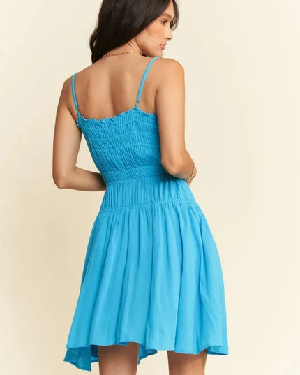 Davi & Dani Smocking Bodice Sleeveless Button Down Mini Dress