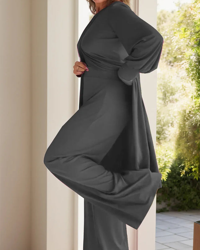 Full Size Slit Round Neck Long Sleeve Top and Pants Set