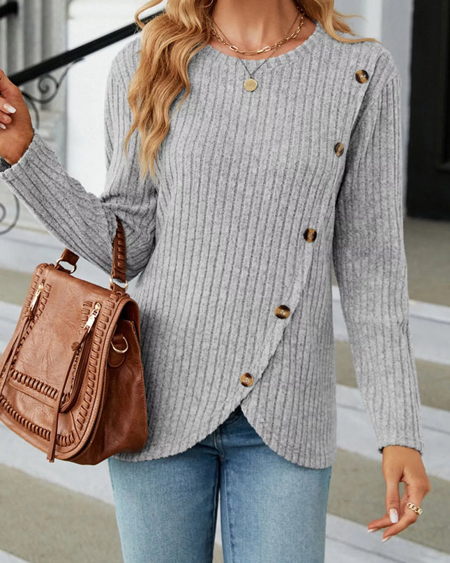 Ribbed Knit Decor Button T-Shirt