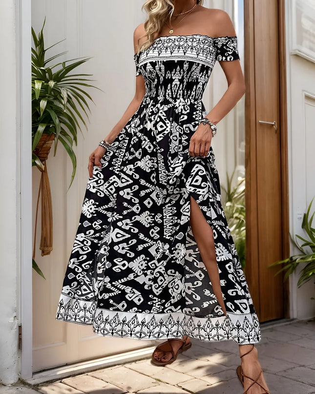 Perfee Slit Printed Off-Shoulder Dress 