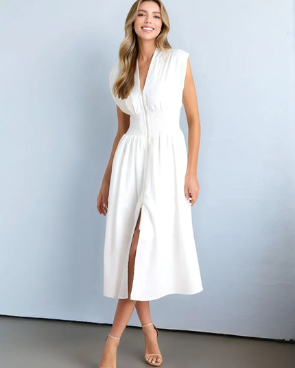 Smocked Zip Front Cap Sleeve Dress White