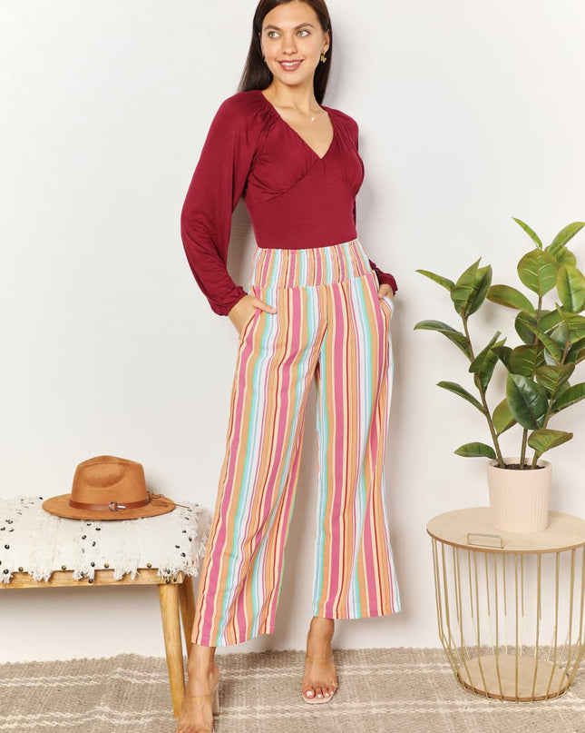 Double Take Striped Smocked Waist Pants with Pockets