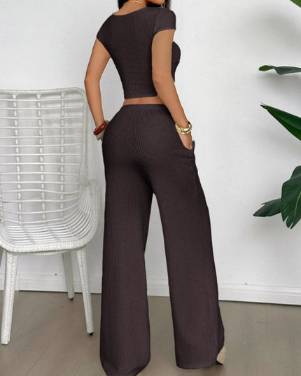 Cutout Short Sleeve Top and Pants Set