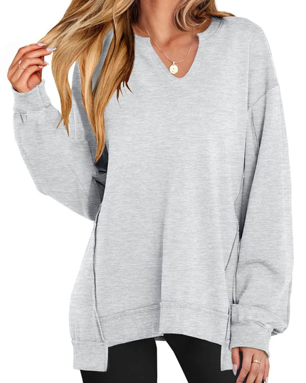 Notched Long Sleeve Oversized Sweatshirt Light Gray